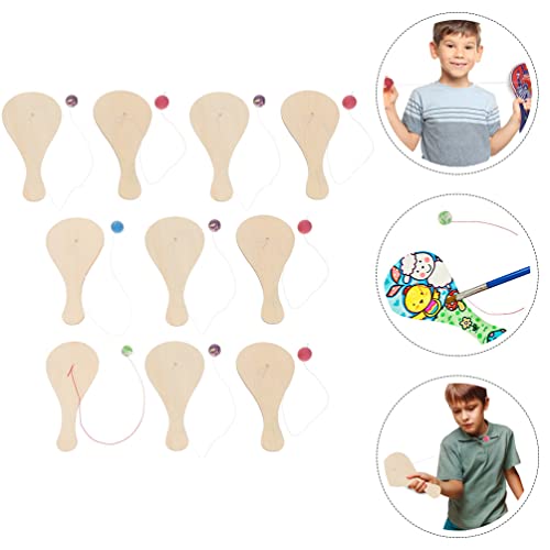 Sewroro 10pcs Wooden Paddle Balls with String Toys Unfinished Wood Paddle Ball Rackets Wooden Painting Paddle for Christmas Stocking Stuffer Goodie Sewroro