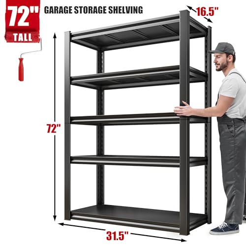 Raybee 72''H Garage Shelving Heavy Duty Garage Storage Shelves Load 2000 LBS Adjustable Metal Shelves for Storage 5 Tier Storage Rack for Warehouse Raybee