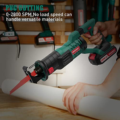 HYCHIKA Reciprocating Saw, 18V MAX Cordless Saw with 2.0Ah Battery, 2800SPM,7/8" Stroke Length, Variable Speed, Tool-Free Blade Change, 6 Saw Blades - WoodArtSupply