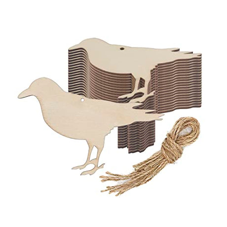 40pcs Crow Wood DIY Crafts Cutouts Blank Wooden Crow Shaped Hanging Ornaments with Hole Hemp Ropes Gift Tags for DIY Projects Easter Halloween Party Creaides