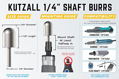 Kutzall 3-Piece Rotary Burr Kit - 1⁄4" Shaft, Fine - Woodworking Attachment for Bosch, DeWalt, Makita, Milwaukee Tools - Structured Tungsten Carbide - WoodArtSupply