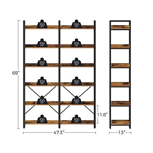 Seventable 6-Tier Rustic Brown Industrial Bookshelf with Hooks and Open Shelves - WoodArtSupply