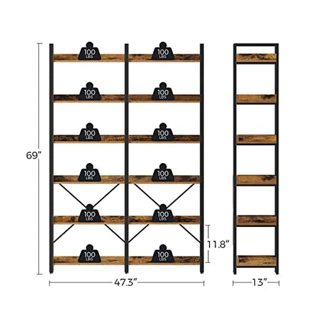 Seventable 6-Tier Rustic Brown Industrial Bookshelf with Hooks and Open Shelves Seventable