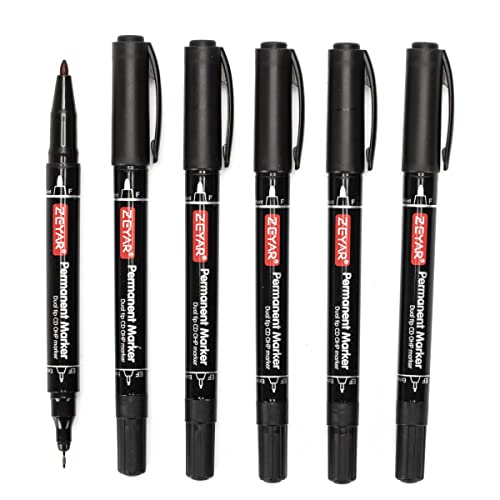 ZEYAR Twin Tip Permanent Markers, CD/DVD Markers, 6 Black Color, Ultra Fine Point and Fine Point for Signature and Marking (6 Black Color) - WoodArtSupply