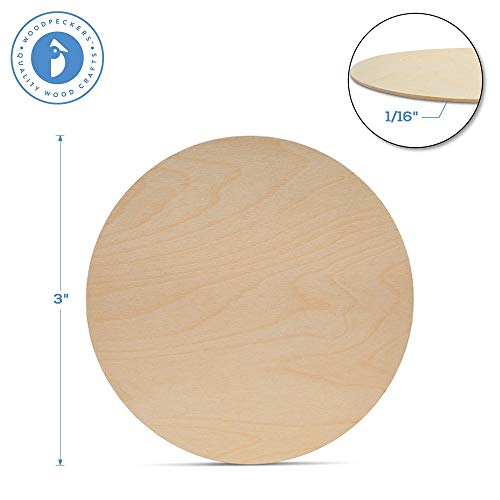 Wood Discs for Crafts, Blank Tokens, or Wooden Coins, 3 x 1/16 inch, Pack of 100 Unfinished Wood Circles, by Woodpeckers Woodpeckers