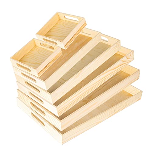 7PCS Wooden Nested Serving Trays Set - Rectangular Shape Unfinished Wood Kitchen Nesting Food Trays with Handle for Coffee, Serving Pastries, Snacks,