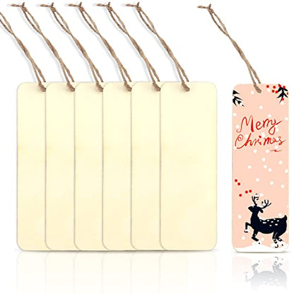 100 PCS 6 x 2 Inch Blank Wooden Gift Tags Labels Large Size Wood Blank Bookmarks with Holes and Ropes, Unfinished Wood Hanging Tags Rectangle Blank
