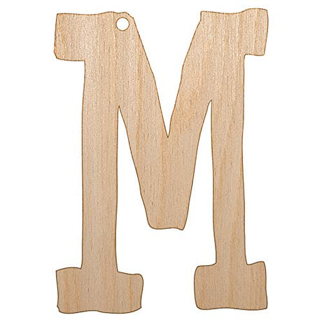 Letter M Uppercase Cute Typewriter Font Unfinished Craft Wood Holiday Christmas Tree DIY Pre-Drilled Ornament Sniggle Sloth