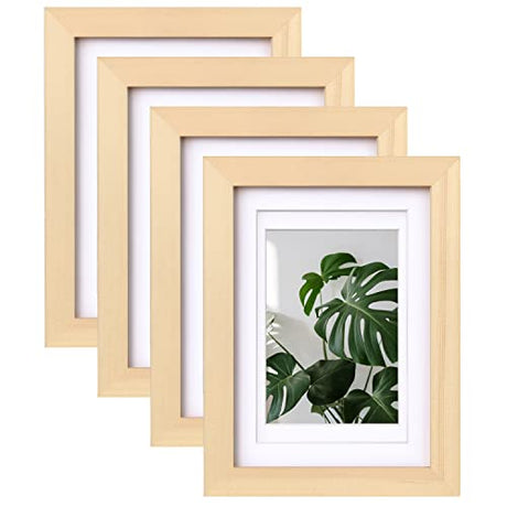 Egofine 5x7 Picture Frames Natural Wood Frames with Plexiglass, Display Pictures 3.5x5/4x6 with Mat or 5x7 Without Mat Set of 4 for Tabletop and Wall Egofine