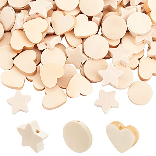 OLYCRAFT 150Pcs Natural Wood Beads Star Wood Beads Heart Round Unfinished Wooden Loose Beads Spacer Beads with Hole for Craft DIY Jewelry Making - 3 - WoodArtSupply