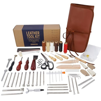 Leather Working & Sewing Tools Kit - Leather Tooling Kit with 72 Pcs for Sewing Punching Carving Stamping & Cutting with Storage Bag for Leather - WoodArtSupply