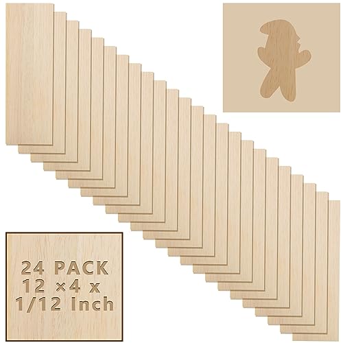 24 Pack Unfinished Basswood Sheets, 12 x 4 x 1/12 Inch Thin Plywood Wood Sheets, 2 mm Thick Basswood Sheets for Crafts, DIY Ornaments, Models SHUESS