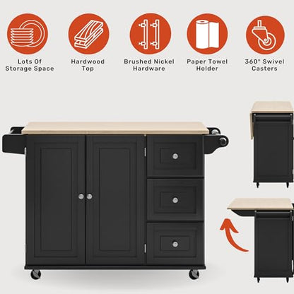 Homestyles Dolly Madison Kitchen Cart with Wood Top and Drop Leaf Breakfast Bar, Rolling Mobile Kitchen Island with Storage and Towel Rack, 54 Inch