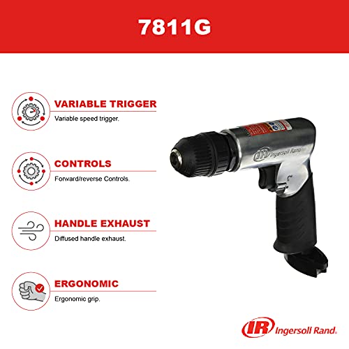 Ingersoll Rand 7811G 3/8" Keyless Chuck Air Drill, 1700 RPM, 0.5 HP, Pistol Ingersoll Rand