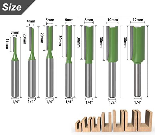 Saipe 7pcs 1/4" Shank Tungsten Carbide Double&Single Flute Straight Dado Router Bit Set, 3/4/5/6/8/10/12mm Cutting Diameter Trimming Cutter for Saipe