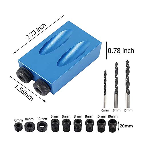 Pocket Hole Jig, 15 Degree Dowel Drill Joinery Kit, 6/8/10mm Drive Adapter for Woodworking Angle Drilling Holes, Carpenters Wood Woodwork Guides YuanhuaRongsheng