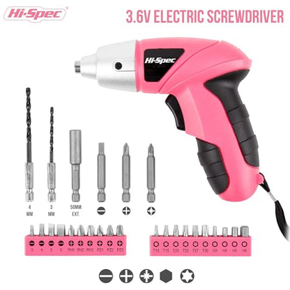 Hi-Spec 27pc 3.6V Pink USB Small Power Electric Screwdriver Set. Cordless & Rechargeable with Driver Bit Set - WoodArtSupply