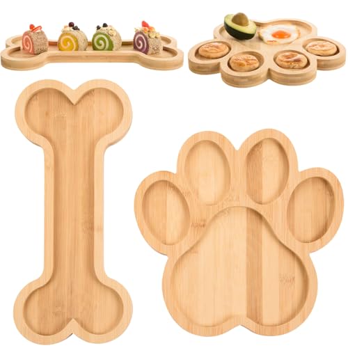 2 Pack Bamboo Serving Trays with Grooves Wooden Dog Paw Bone Shaped Snack Platters Bamboo Charcuterie Board Wood Candy Dish Bowl for Dog Birthday