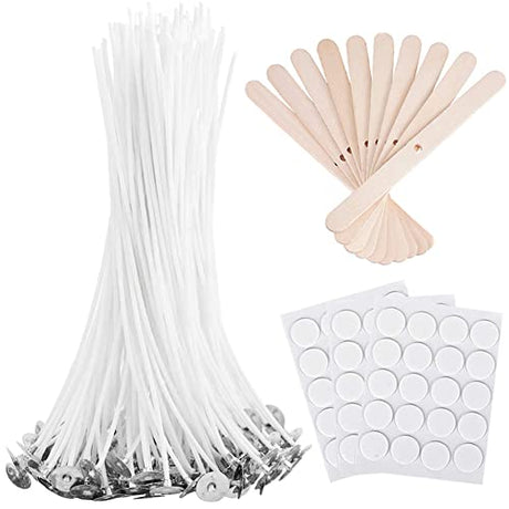 Bulk Candle Wicks 100 Pcs with 60Pcs Candle Wick Stickers and 10 Pcs Wooden Candle Wick Centering Device for Soy Beeswax Candle Making (6inch) ANTUNIHOD