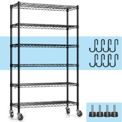 Hodonas Wire Shelving Unit with Wheels, 6-tier Metal Shelving with Adjustable Storage Shelves Freestanding Sturdy Metal Wire Storage Shelf Organizer - WoodArtSupply