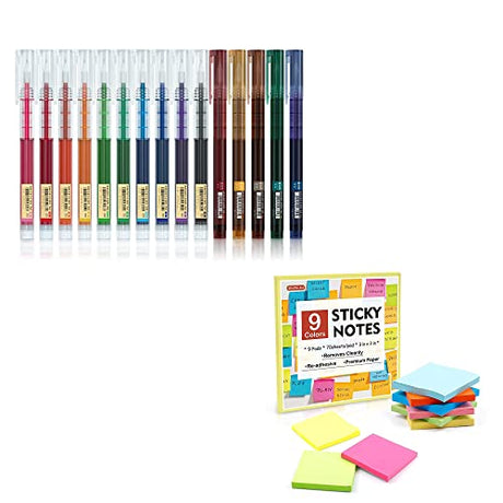 Shuttle Art School Work & Home Supplies Bundle, 15 Colors (10 Bright + 5 Vintage) 0.5mm Liquid Ink Rollerball Pens + 9 Colors Sticky Notes for Shuttle Art