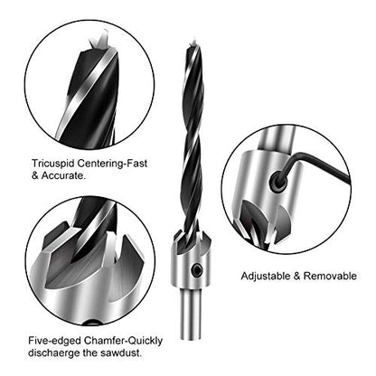 COMOWARE Countersink Drill Bits Set- 7Pcs Counter Sink Bit for Wood High Speed Steel, Woodworking Carpentry Reamer with 1 Free Hex Key Wrench - WoodArtSupply