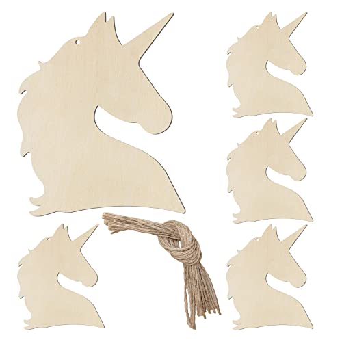 Unicorn Head Hanging Wood Animal Head Shape Unfinished Wood with Twines Unicorn Shape DIY Craft Ornament for Christmas Wedding Birthday Birthday Lamantery