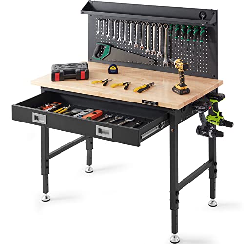 VEVOR Workbench Adjustable Height 28-39.5" Work Bench for Garage Oak Plank & Carbon Steel Heavy Duty Workbench 2000lbs Weight Capacity Bench top Size - WoodArtSupply