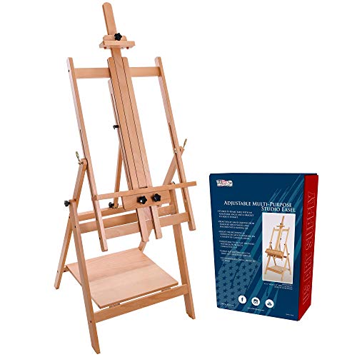 U.S. Art Supply Large Adjustable H-Frame Multi-Purpose Studio Artist Wooden Floor Easel - Tilts Flat, Mast Adjusts to 88" High, Holds 59" Canvas - US ART Supply