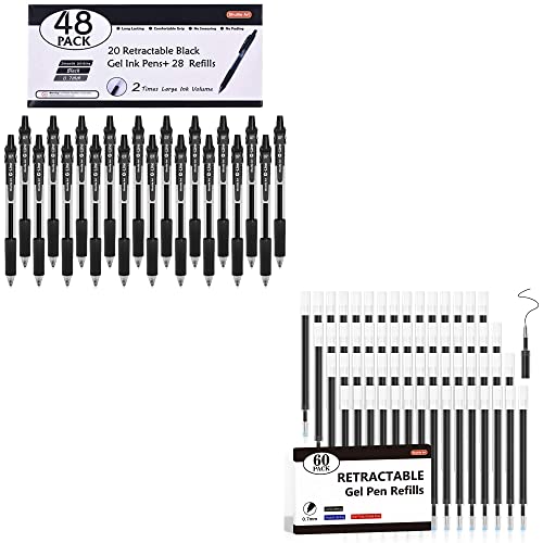 Shuttle Art School & Work Supplies Bundle, 48 Pack Black Retractable Gel Pens + 60 Pack Black Retractable Gel Pen Refills 0.7mm Fine Point for - WoodArtSupply