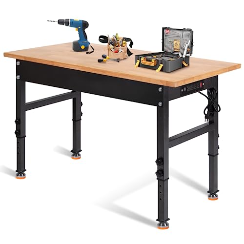 48" Adjustable Work Bench, Rubber Wood Top Heavy-Duty Workbench with Power Outlet, 2000 LBS Load Capacity Hardwood Worktable, for Garage, Workshop, - WoodArtSupply