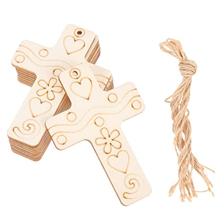 Sewroro 50 Sets Unfinished Wood Cutout DIY Cross Shaped Wood Pieces Blank Wood Cross with Hemp Ropes for DIY Projects Crafts Xmas Tree Hanging Sewroro