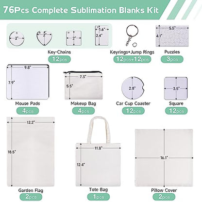 GO2CRAFT 76Pcs Sublimation Blanks Products,DIY MDF Sublimation Keychain Blanks with Metal Chain,Mouse Pads,Car Coasters,Puzzles,Makeup - WoodArtSupply