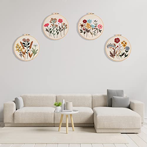 Picoey Flower Embroidery Kit for Beginners with Pattern and Instructions,4 Pack Cross Stitch Kits,2 Wooden Embroidery Hoops,Threads and Picoey