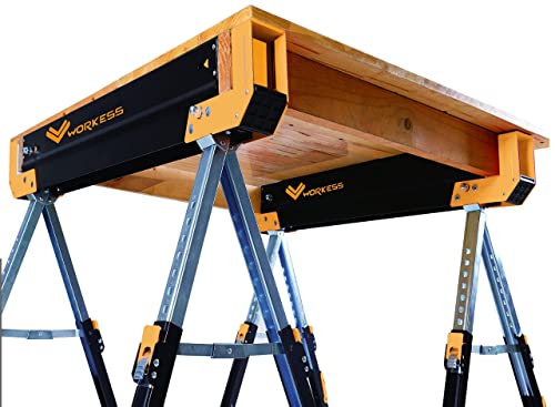 WORKESS Saw Horses 2 Pack Folding, 2600 Lbs Load Capacity & 24-32 Inch Adjustable Height Heavy Duty Sawhorse Table with 2x4 Support Arms, Portable WORKESS