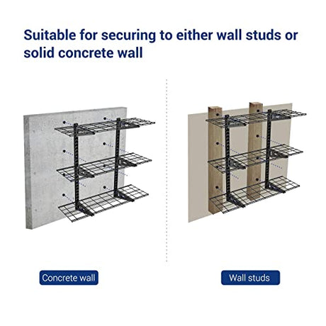 Fleximounts 3-Tier 1x3ft Garage Storage Wall Shelving 12-inch-by-36-inch per Shelf Height Adjustable Floating Shelves (Black) Fleximounts