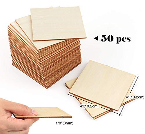 ilauke Unfinished Wood Pieces 50 Pcs 4 inch Wood Square Blank Natural Wood Slices Wooden Squares Cutouts for Crafts Wood Burning Painting Staining