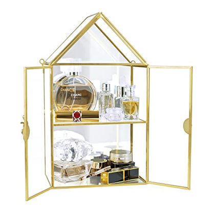 Wall Glass Cabinet Display for Perfume, Small Glass Display Curio Cabinets with Doors Wall Mounted, 2 Tiered Small Gold Curio Cabinet with Mirror