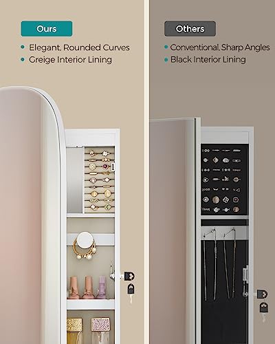 SONGMICS Jewelry Organizer, LED Jewelry Cabinet Wall/Door Mounted, Lockable Rounded Wide Mirror with Storage, Interior Mirror, White Surface with