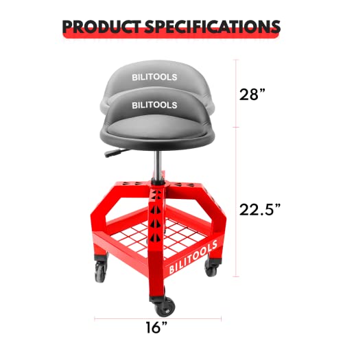 BILITOOLS Adjustable Shop Stool, Rolling Garage Mechanic Stool with Wheels 300LBS Capacity 16 inch Oversized Shop Chair