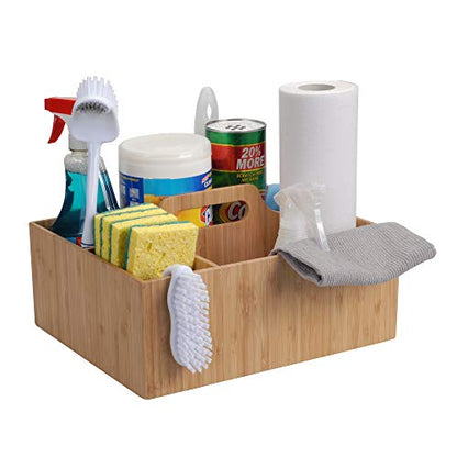 MobileVision Bamboo Multi-Purpose Caddy with Handle, 3 Sections, Sturdy Durable Carrier for Cleaning Supplies, Spray Bottles, Towels, Sponges and