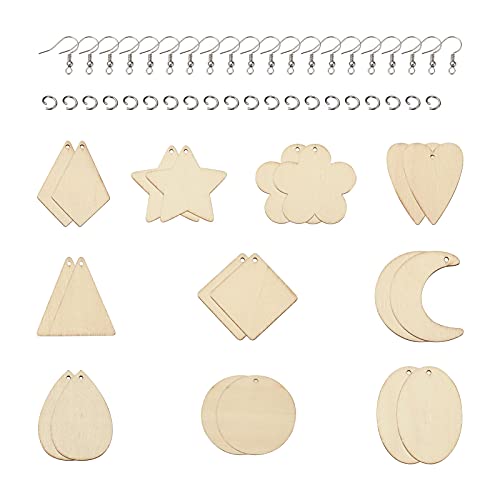 Craftdady 100pcs Unfinished Wooden Earring Blanks Rhombus Teardrop Oval Triangle Circle Flower Pendants Charms with 100pcs Earring Hooks & Jump Rings Craftdady