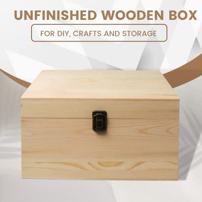 (1-Pack) 10.8x7x8x5.7-Inch Large Unfinished Wooden Box with Hinged Lid & Front Clasp for DIY Art Project Crafts Woodcraft Keepsake - Easy to Stain