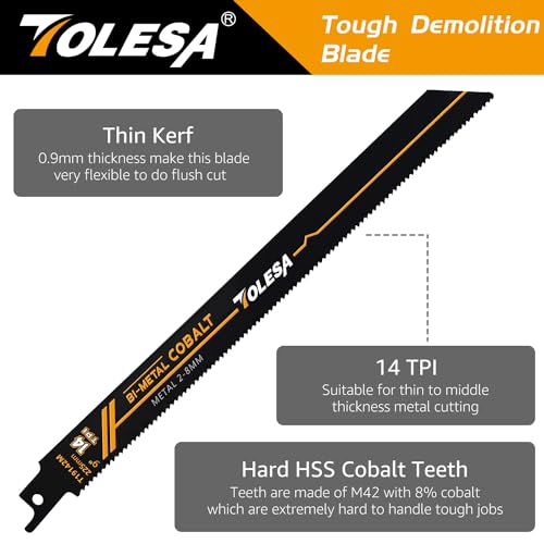 TOLESA Heavy Metal Cutting Reciprocating Saw Blades 9 Inch 14TPI Sawzall Blades for Metal Pipe, Sheet Metal, Rebar, Bi-Metal Sabre Saw Blades Better TOLESA