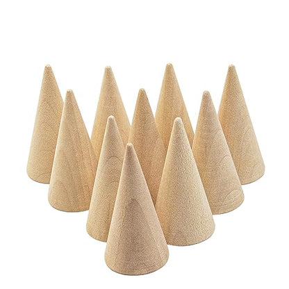 Framendino, 10 Pack Natural Wood Cone Ring Holder Finger Jewelry Display Stand Organizer DIY Craft Wooden Cone (Vertical Shaped)