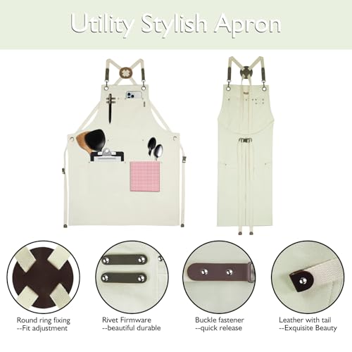 Stenffy Handmade Work Apron, Cotton Canvas, Multiple Pockets, Adjustable Cross Back Weight Apron, BBQ Cafe Kitchen Painting Carpenter Artist Apron, Stenffy