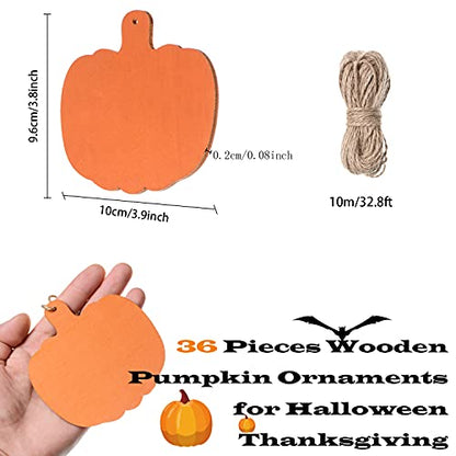36 Pieces Orange Pumpkin Wood Cutouts Crafts 4Inch Wooden Pumpkin Shaped Hanging Ornaments with Hole Hemp Ropes Gift Tags for Halloween Fall