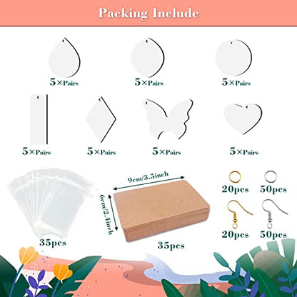 360pcs Sublimation Blanks Products, 7 Styles 70pcs Sublimation Earrings Blanks Wood Earring Blanks, Earring Hooks,Jump Rings, Cardboard Holder, Clear