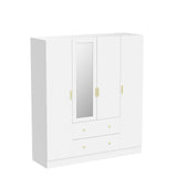 ECACAD Wardrobe Armoire with Mirror, 5-Tier Shelves, 2 Drawers, 2 Hanging Rods and 4 Doors, Wooden Closet Storage Cabinet for Bedroom, White (63”W x ECACAD
