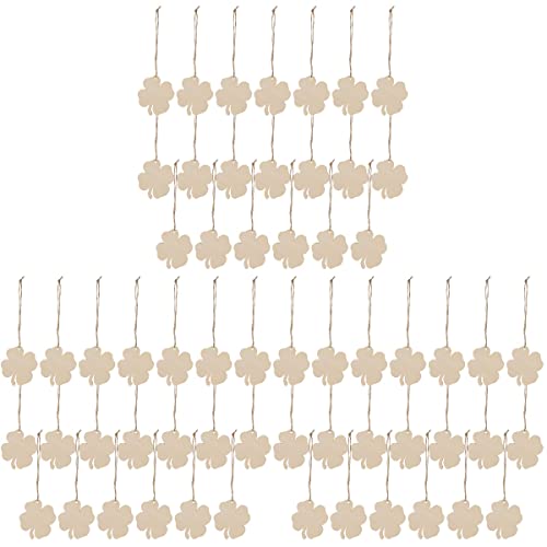 60Pcs Unfinished Wooden Shamrock Ornaments DIY Wood Shamrock Clover Cutouts Hanging Ornaments with Ropes Gift Tags for St Patricks Day Tree Table